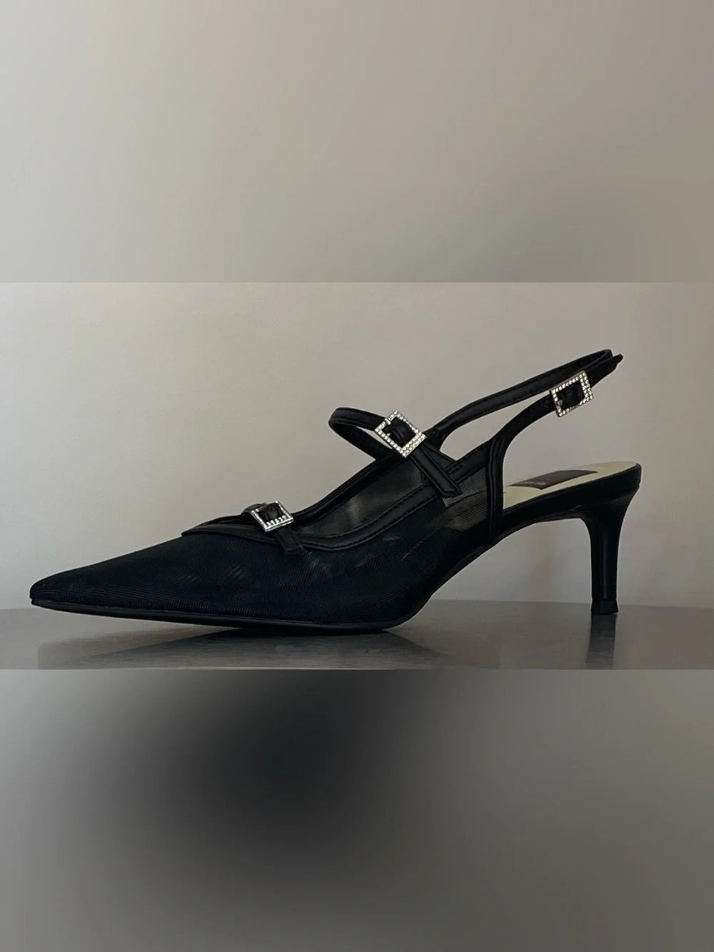 DOLCE VITA BLACK MESH KITTEN HEEL SLINGBACK PUMPS WITH RHINESTONE BUCKLES